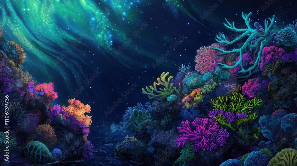 Naklejka premium Abstract coral-like underwater shapes in vivid shades of magenta, turquoise, and green, resembling an alien reef glowing with life, surrounded by a surreal oceanic atmosphere.