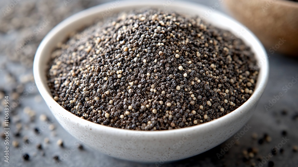 Close-up of chia seeds in a white bowl. Close-up of chia seeds in a white bowl.