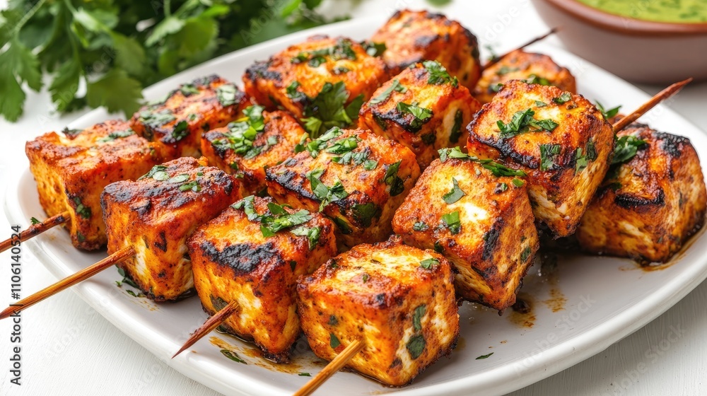 Sizzling paneer tikka isolated on white plate Sizzling paneer tikka isolated on white plate