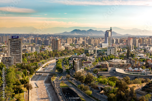 Elevated view of downtown and Providencia district at Santiago de Chile