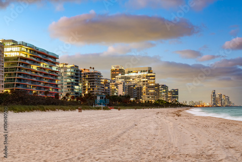 Skyline of buildings at Surfside Beach in Miami, United States photo