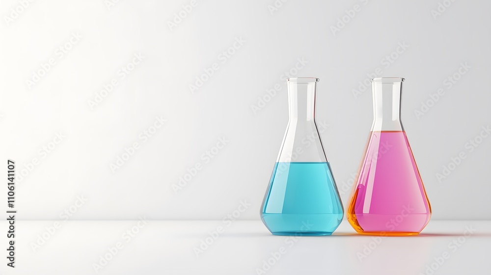 Conical flasks and volumetric flasks side by side, partially filled with vibrant chemicals, placed on a white background. Conical flasks and volumetric flasks side by side, partially filled with vibrant chemicals, placed on a white background.