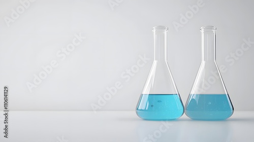 Conical flasks and volumetric flasks side by side, partially filled with vibrant chemicals, placed on a white background.