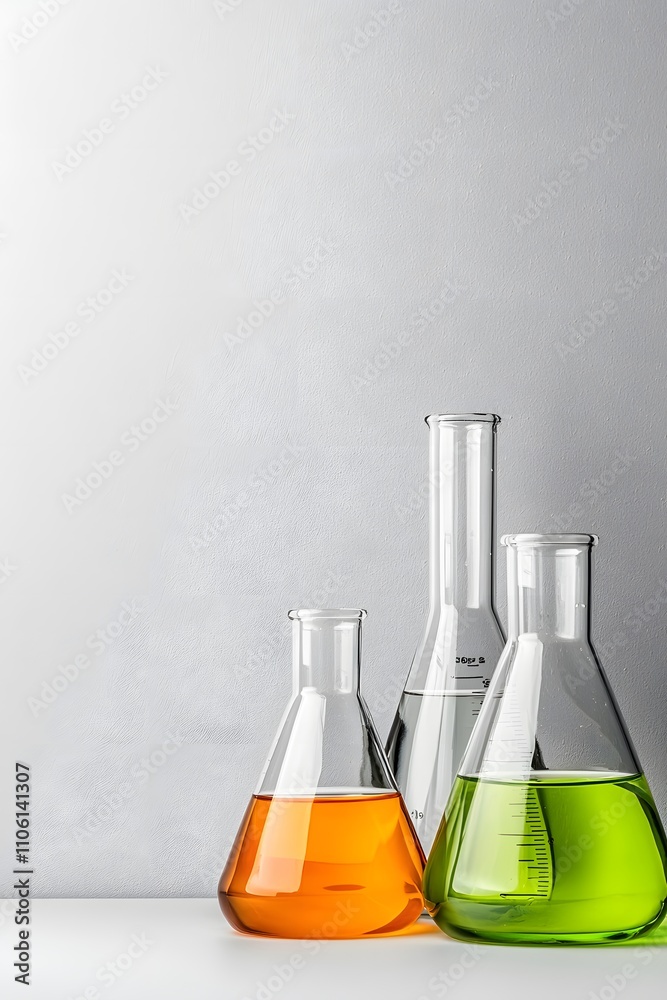 Conical flasks and volumetric flasks side by side, partially filled with vibrant chemicals, placed on a white background. Conical flasks and volumetric flasks side by side, partially filled with vibrant chemicals, placed on a white background.