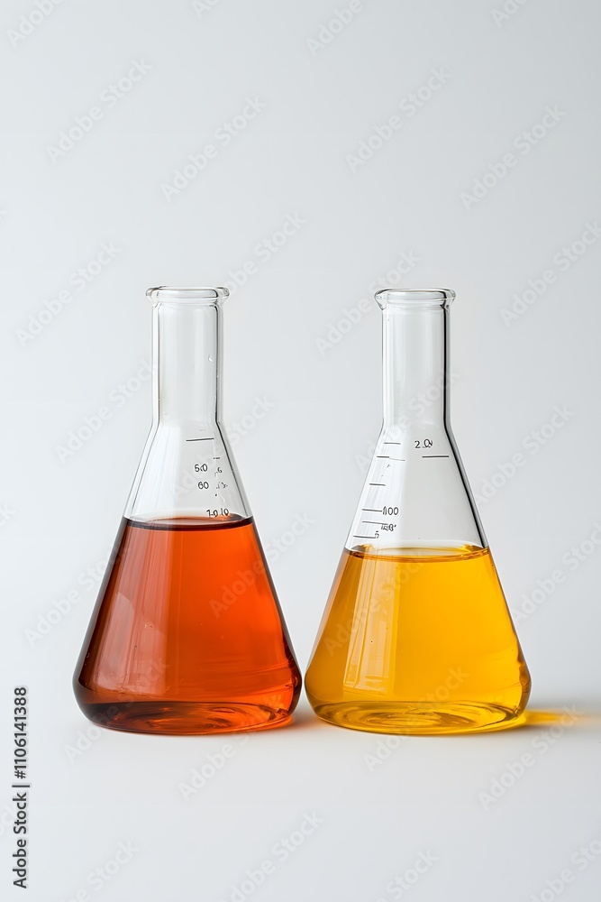 Conical flasks and volumetric flasks side by side, partially filled with vibrant chemicals, placed on a white background. Conical flasks and volumetric flasks side by side, partially filled with vibrant chemicals, placed on a white background.