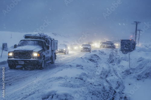 Packed traffic struggles through a snow-clad highway with vehicles seemingly stranded and lights glowing amid persistent snowfall and accumulation causing congestion. photo