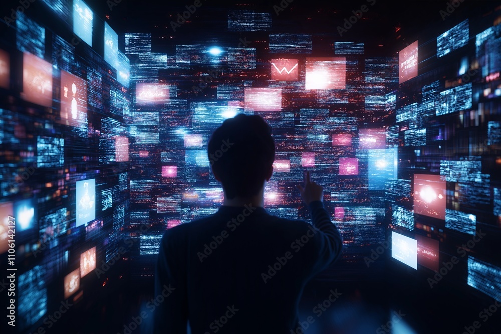 Silhouette of a man interacting with a digital wall of data and screens. Futuristic technology and virtual interface concept Silhouette of a man interacting with a digital wall of data and screens. Futuristic technology and virtual interface concept