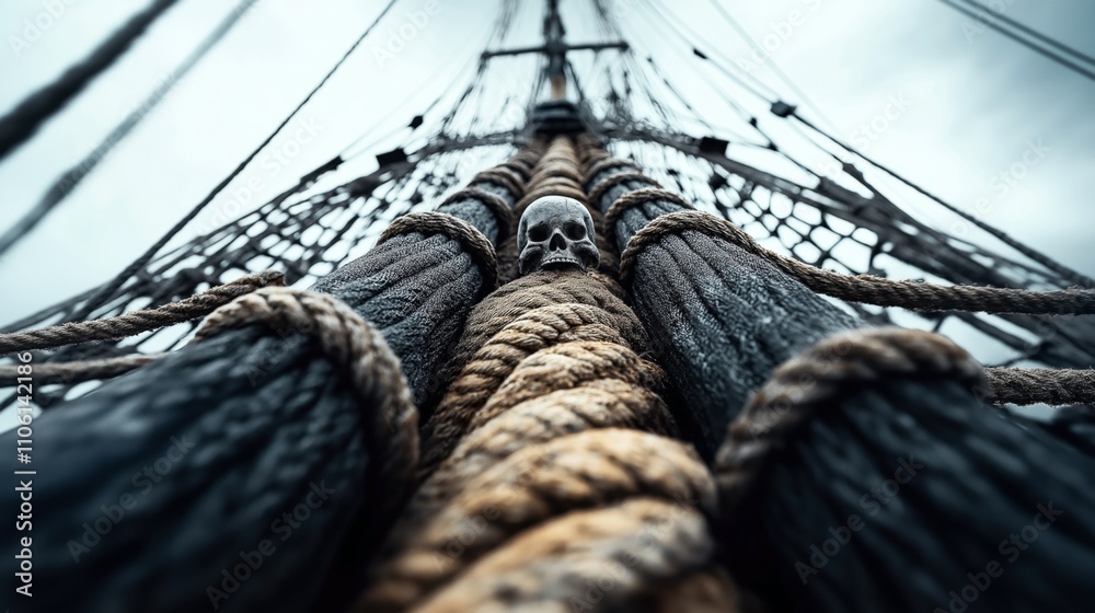 Obraz premium Close-up of a pirate ship mast with a skull decoration and ropes, focusing on nautical elements and details.