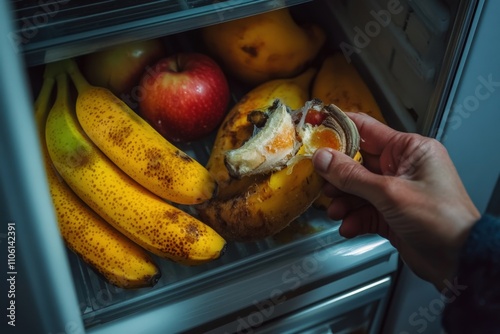 Spoiled Fruit. Hand opening Fridge Compartment with Brown Banana and Rotten Apple