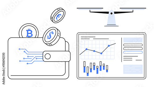 Digital wallet with cryptocurrency coins, chart with data graphs on screen, balance scale symbolizing equilibrium. Ideal for finance, investment, cryptocurrency, technology, data analysis, financial