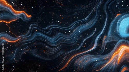 Abstract Cosmic Waves in Space: Flowing Orange and Blue Light Trails against a Dark Starry Background Creating a Mystical Atmosphere of the Universe