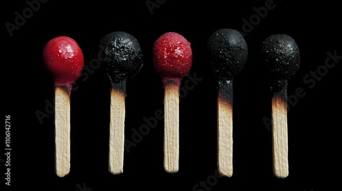 Five used matches in a row, alternating between red and black burnt heads, on a black background. photo