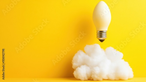 Light bulb floating above a fluffy cloud on a vibrant yellow background, AI