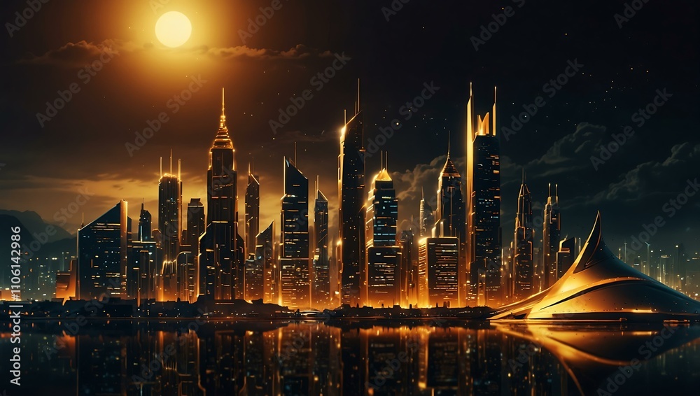 Fototapeta premium Golden city nightscape in a futuristic style.