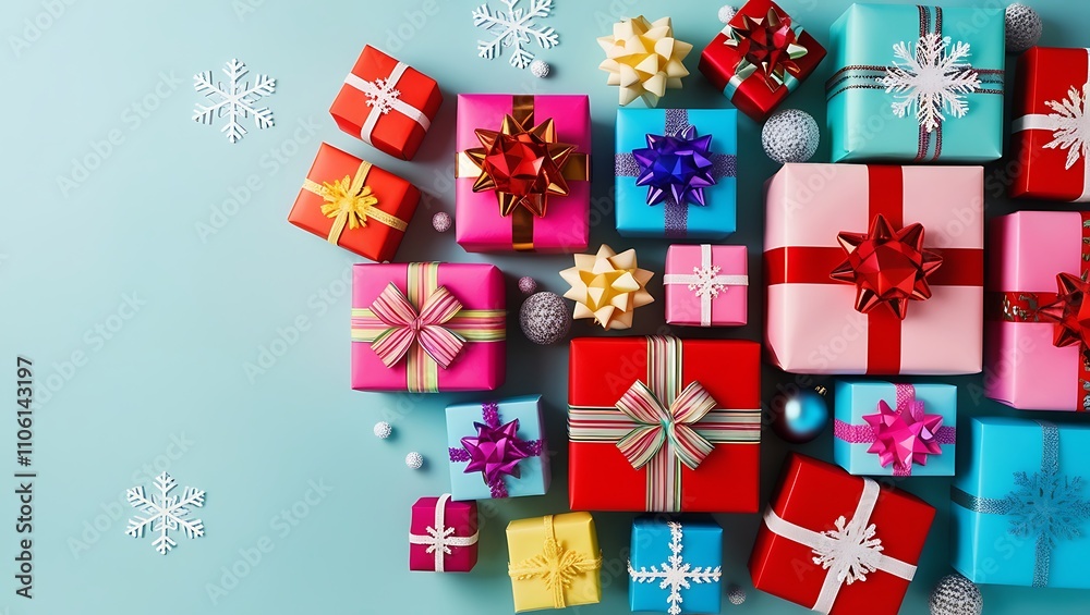 Christmas and happy new year sale baner, snowflakes and gift boxes, bright colors, 3D illustration.