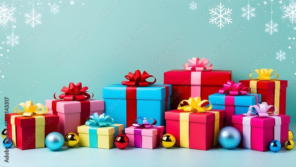 Christmas and happy new year sale baner, snowflakes and gift boxes, bright colors, 3D illustration. Christmas and happy new year sale baner, snowflakes and gift boxes, bright colors, 3D illustration.