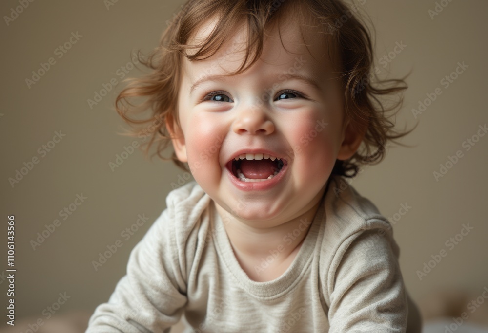 A delightful baby with tousled, curly hair beams with an infectious smile, showcasing a mouth full of tiny teeth. The soft, neutral background enhances the warmth of the moment, capturing the essence A delightful baby with tousled, curly hair beams with an infectious smile, showcasing a mouth full of tiny teeth. The soft, neutral background enhances the warmth of the moment, capturing the essence