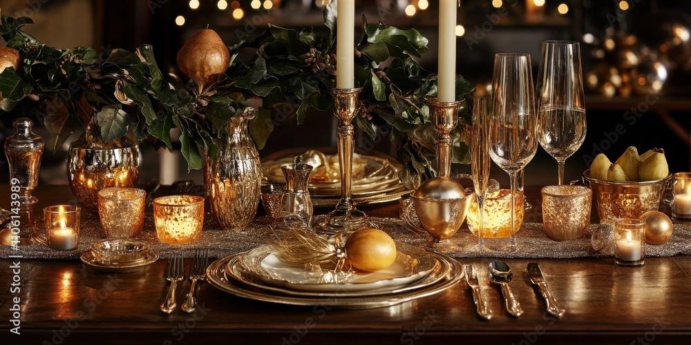 Luxurious table setting with candles, sparkling wine, and festive decorations in warm golden hues Luxurious table setting with candles, sparkling wine, and festive decorations in warm golden hues