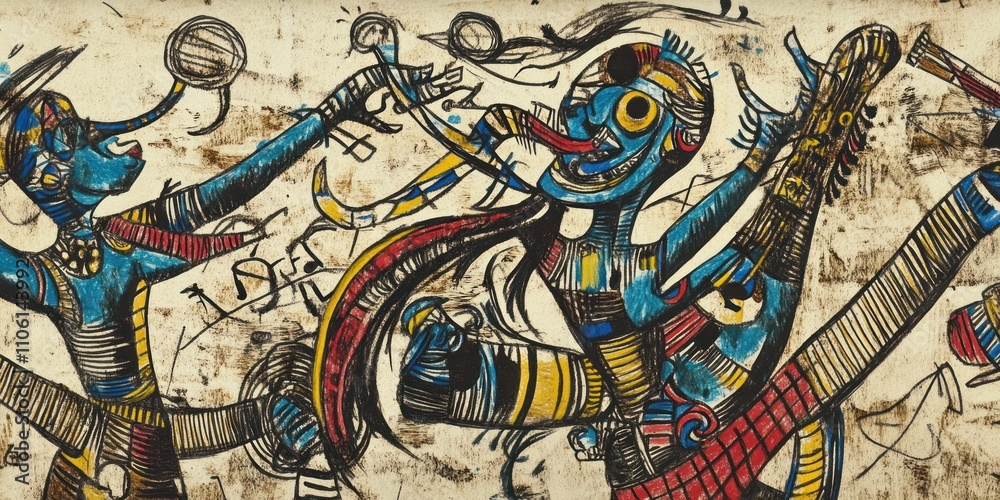 Fototapeta A vibrant depiction of figures engaged in a cultural celebration or ritual.