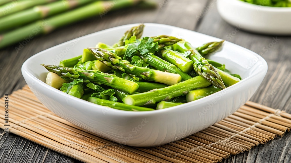 A modern presentation of Chinese asparagus salad in a white porcelain bowl, with a rustic bamboo mat underneath A modern presentation of Chinese asparagus salad in a white porcelain bowl, with a rustic bamboo mat underneath
