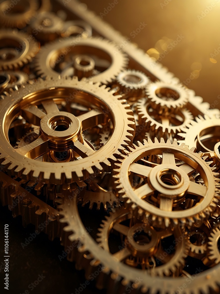 Golden gears forming a mesmerizing display against a soft background. Golden gears forming a mesmerizing display against a soft background.