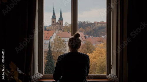 Silhouette of a person gazing through a window, expressing a moment of serene isolation.