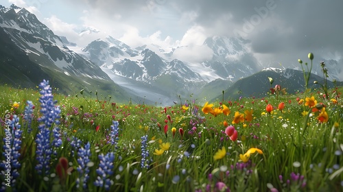 Fototapeta Naklejka Na Ścianę i Meble -  Alpine Meadow Filled with Colorful Wildflowers and Lush Greenery, Set Against a Backdrop of Snow-Capped Mountains and a Clear, Vibrant Sky