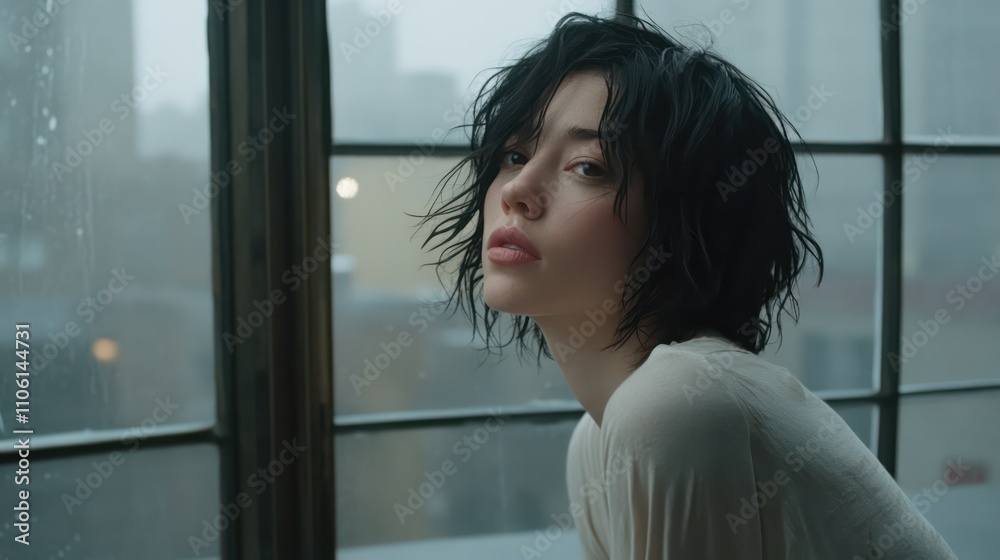 Pensive person by a large window, absorbed in distant views, embodying deep personal reflection. Pensive person by a large window, absorbed in distant views, embodying deep personal reflection.