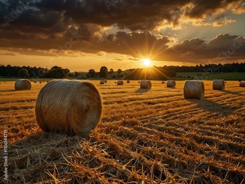 Golden hay bale field at sunset with rays stretching across the sky.