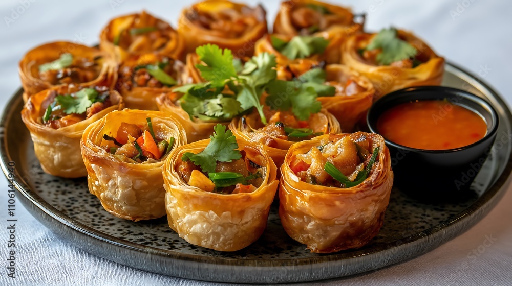 A beautifully arranged plate of savory rolled pastries filled with vegetables and served with a spicy dipping sauce. A beautifully arranged plate of savory rolled pastries filled with vegetables and served with a spicy dipping sauce.