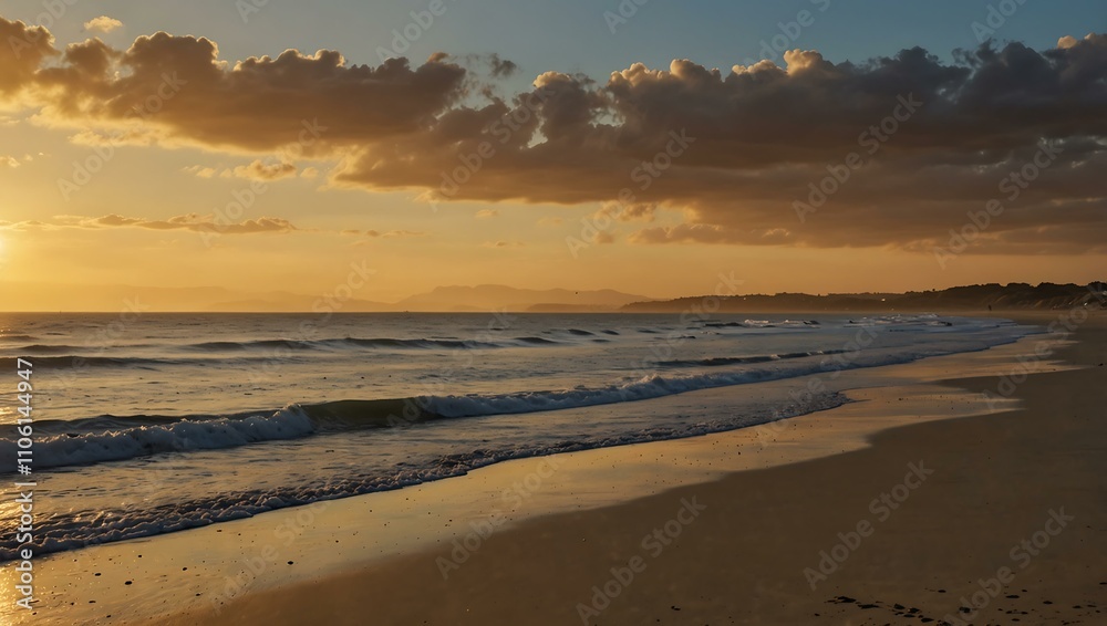 Golden hour embrace on the shoreline, where sky meets sand. Golden hour embrace on the shoreline, where sky meets sand.