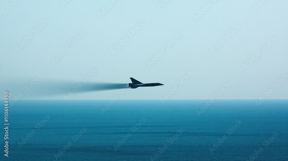 Naklejka premium Aircraft rapidly breaking the sound barrier, creating a visible shockwave in the sky, symbolizing the pursuit of speed and technological advancement.