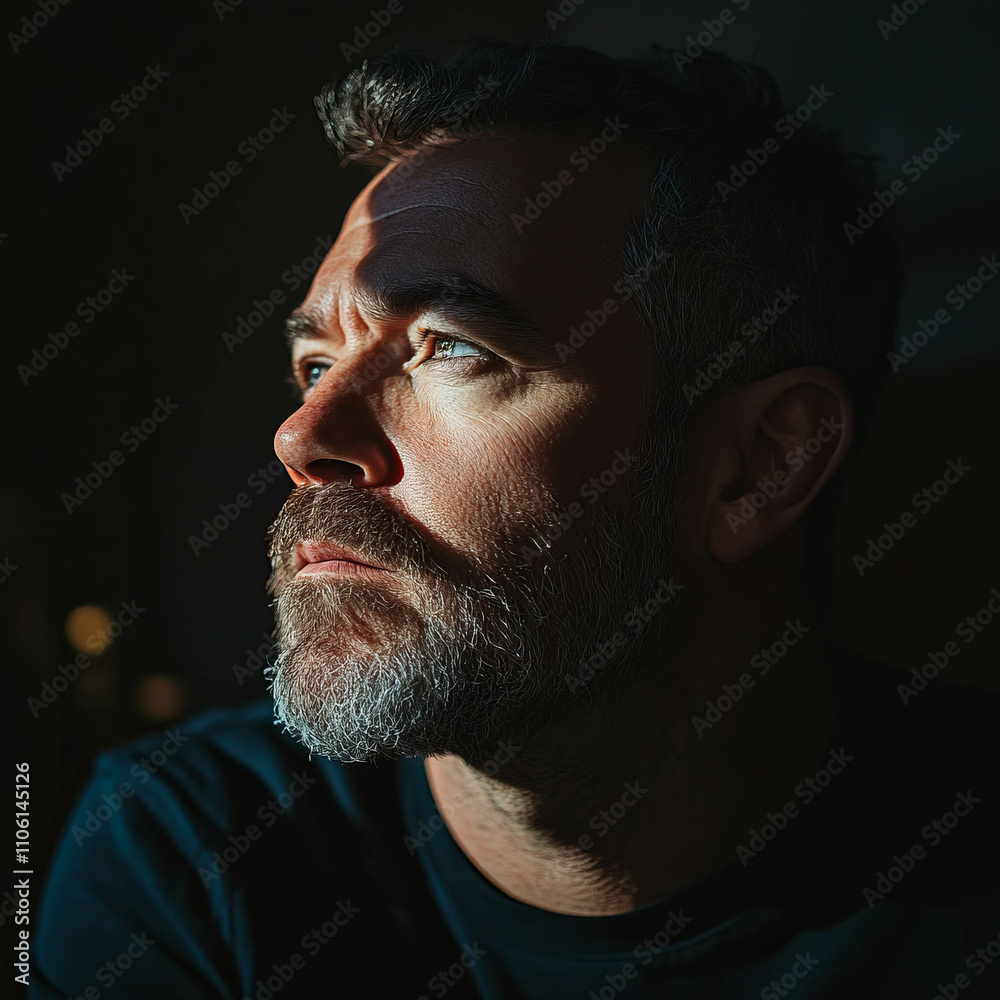 Obraz premium Portrait of an adult man with short hair and beard, looking to the side in deep thought he is illuminated by soft light from above