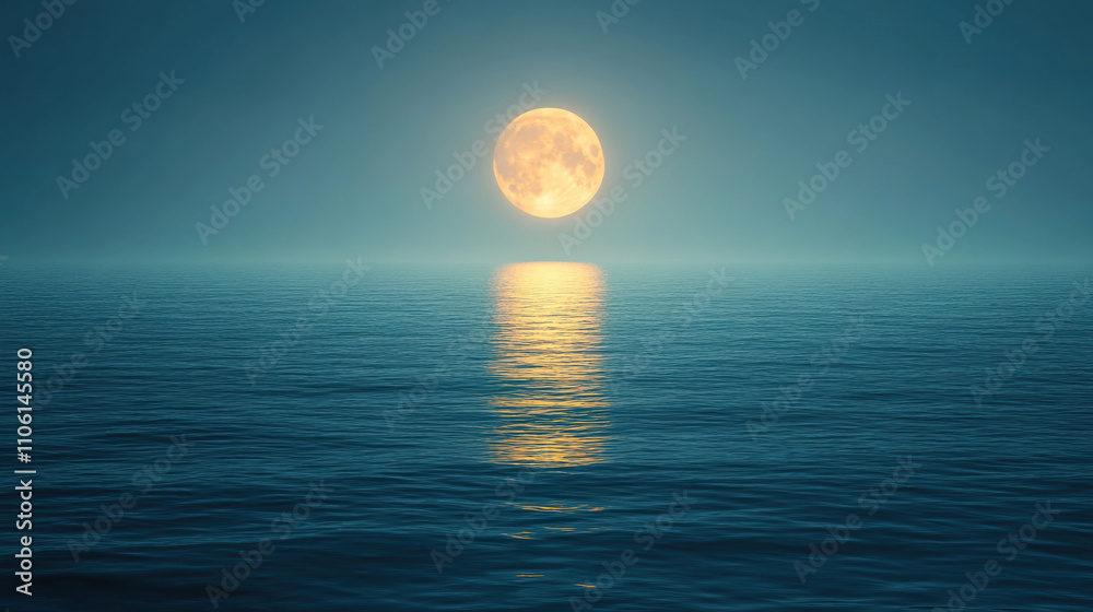 bright full moon rises over calm sea, creating serene reflection on water surface. tranquil scene evokes sense of peace and wonder bright full moon rises over calm sea, creating serene reflection on water surface. tranquil scene evokes sense of peace and wonder