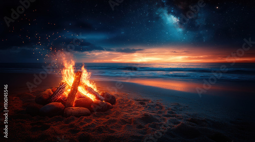 beach bonfire with glowing flames illuminates sandy shore under starry sky. vibrant sunset reflects on ocean waves, creating serene atmosphere