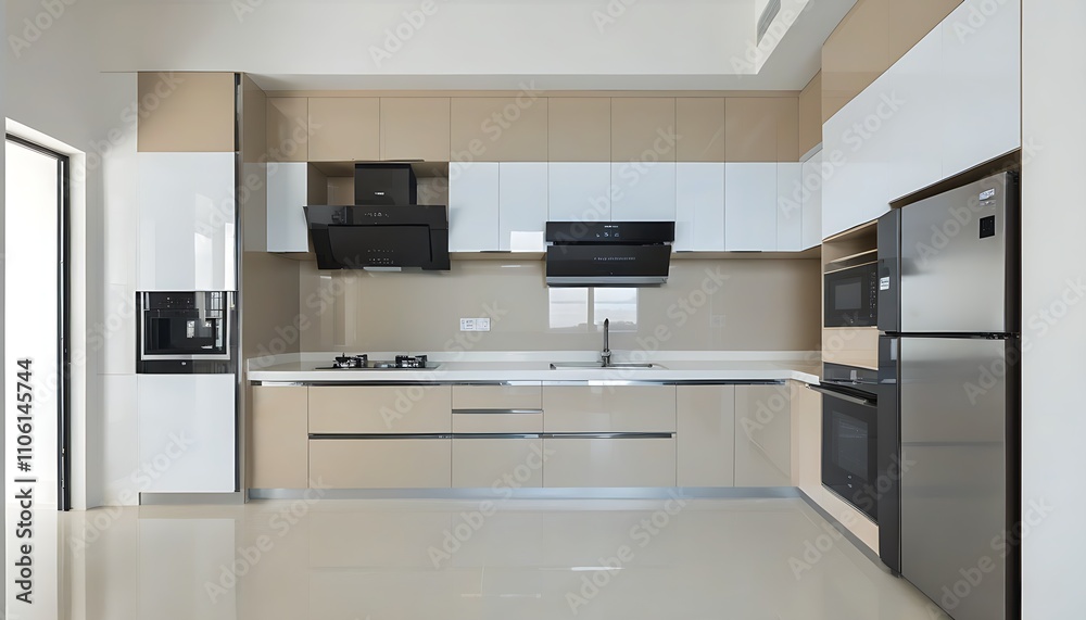 Modern simple kitchen design with high-end cabinets and built-in microwave Modern simple kitchen design with high-end cabinets and built-in microwave