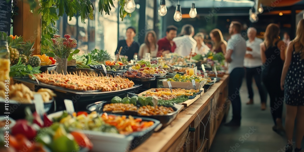 Fototapeta premium People group catering buffet food indoor in restaurant with meat colorful fruits and vegetables. world winning photo created by ai