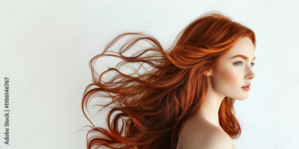 Naklejka premium beautiful woman with long, vibrant red hair flowing gracefully. Her striking features and radiant skin create captivating image that exudes confidence and elegance