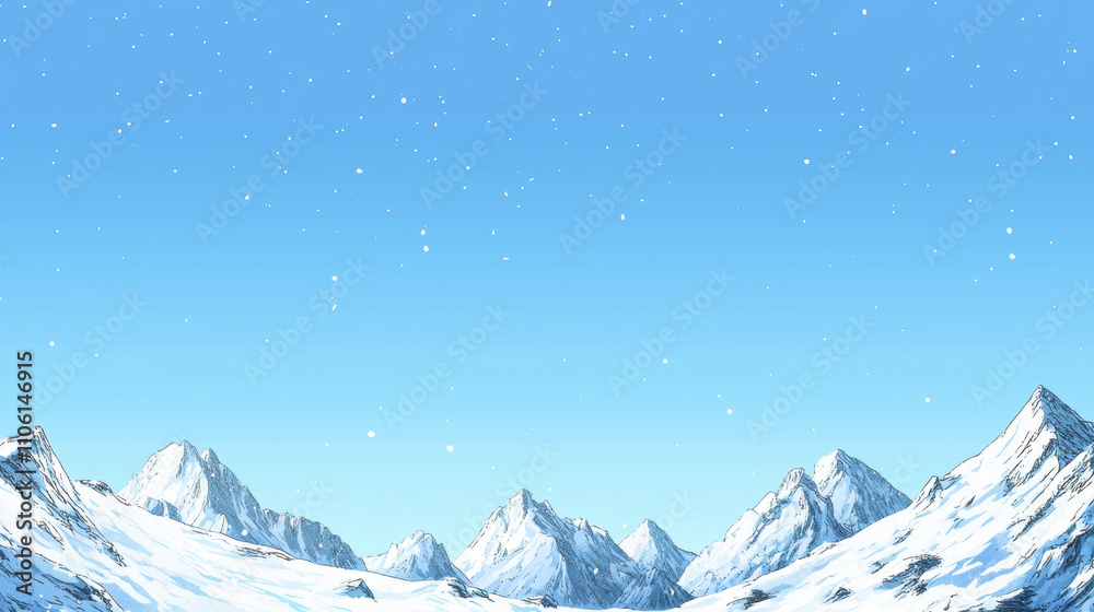 snowy mountain range under clear blue sky, with gentle snowfall creating serene winter landscape. majestic peaks rise against bright backdrop, evoking sense of tranquility and beauty snowy mountain range under clear blue sky, with gentle snowfall creating serene winter landscape. majestic peaks rise against bright backdrop, evoking sense of tranquility and beauty
