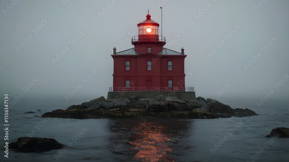 A red lighthouse stands tall on a rocky breakwater, shrouded in a thick fog, with a sense of mystery and isolation. A red lighthouse stands tall on a rocky breakwater, shrouded in a thick fog, with a sense of mystery and isolation.
