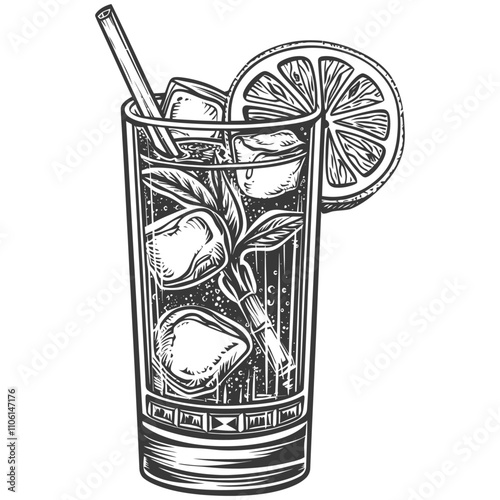 Black And White Illustration Of A Glass Of Iced Tea With Lemon And A Straw