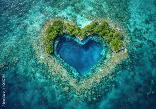 Aerial View of a Heart-Shaped Island Surrounded by Turquoise Waters and Vibrant Coral Reefs, Perfect for Romantic Getaways and Tropical Locations