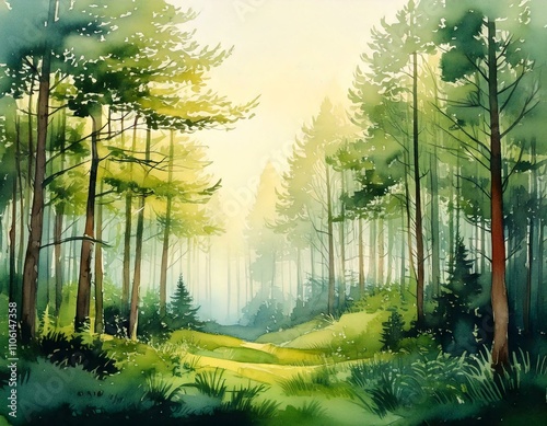 Serene watercolor forest landscape at sunrise, with soft mist and vibrant green trees photo