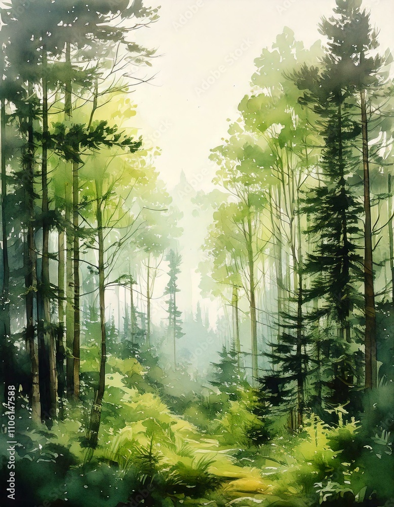 Fototapeta premium Serene watercolor forest landscape at sunrise, with soft mist and vibrant green trees