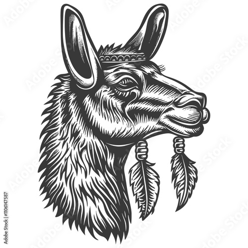 Black And White Illustration Of A Llama Head With Feathers