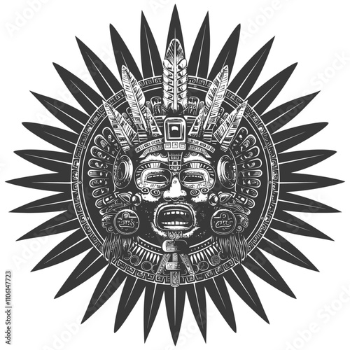 Black And White Illustration Of A Mayan Mask With Feathered Headpiece