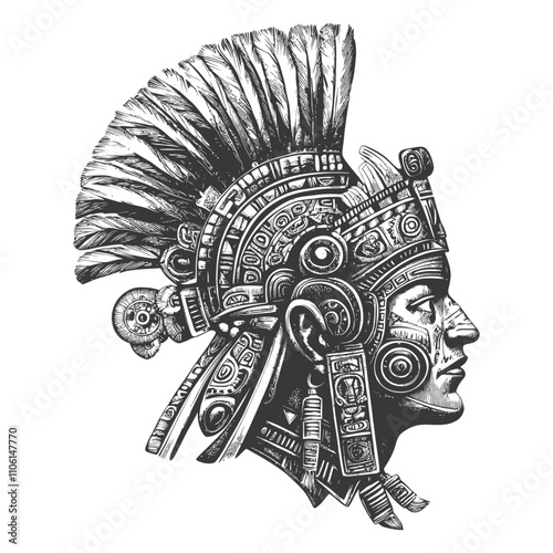 Black And White Illustration Of A Mayan Warriors Profile With Intricate Headwear