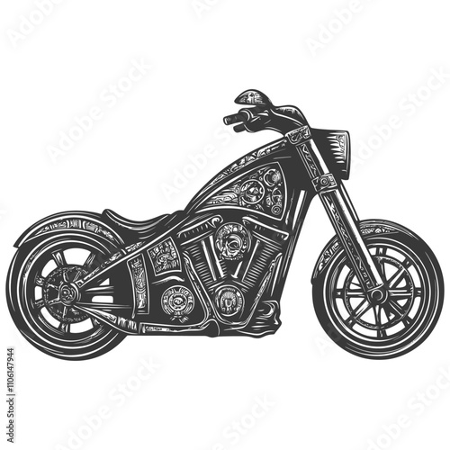 Black And White Illustration Of A Motorcycle With Exposed Engine