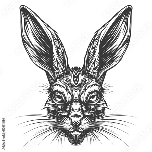 Black And White Illustration Of A Rabbits Face With A Geometric Pattern On Its Forehead