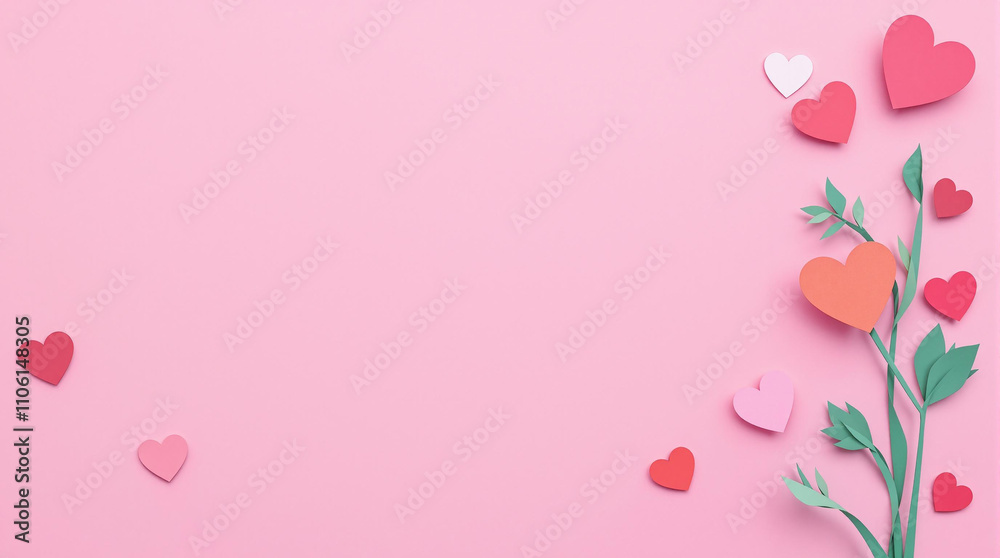 Paper Hearts and Leaves Bouquet on Pink Background